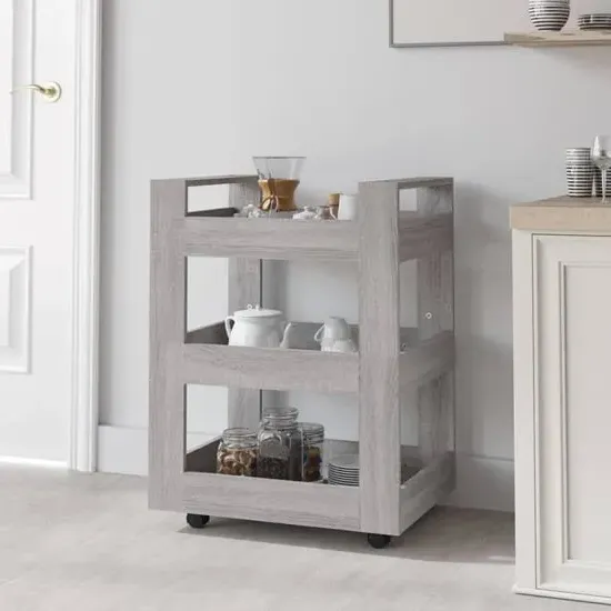 Belicia Kitchen Trolley with 3 Shelves - Grey Sonoma Oak, Engineered Wood product
