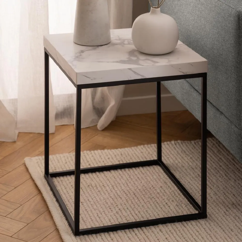 Bellmore Square Side Table - White Marble Effect, Wood product