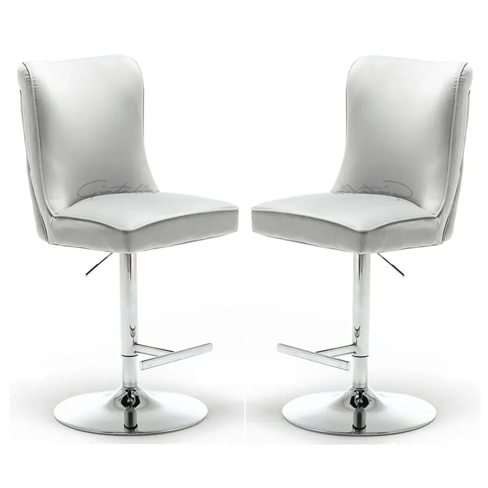 Bellvue Bar Stools Gas Lift Button Back, Pair - Light Grey Velvet, Chrome product