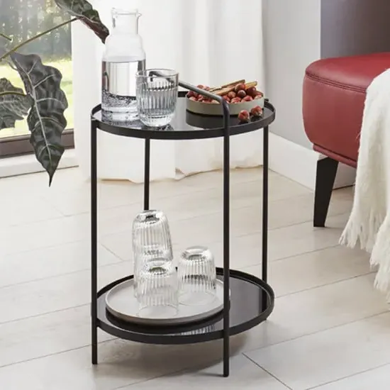 Bellvue Round Glass Top End Table with Undershelf - Black image