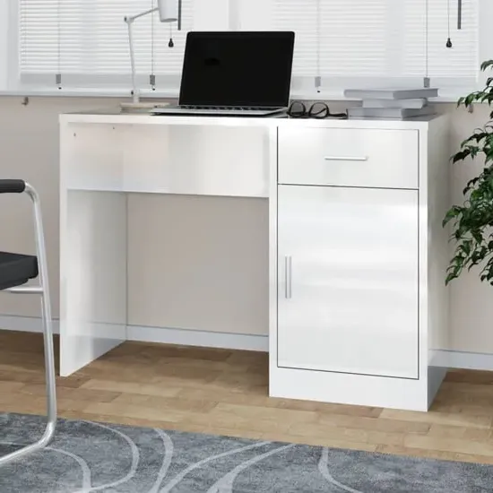 Beloit High Gloss Laptop Desk with 1 Door 1 Drawer - White