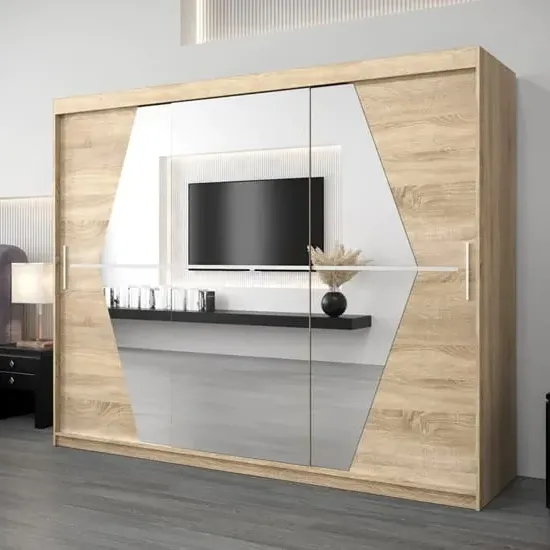Beloit Mirrored Wardrobe 3 Sliding Doors - Sonoma Oak