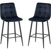Belva Counter Bar Stools In Pair - Deep Blue, Velvet