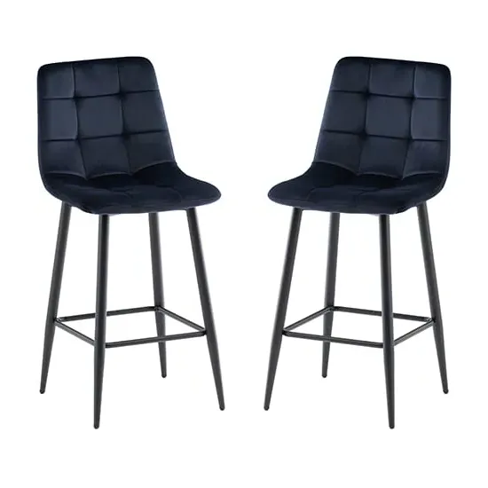 Belva Counter Bar Stools In Pair - Deep Blue, Velvet image