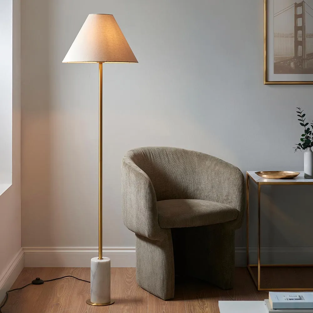 Bemidji Floor Lamp with Linen Shade - Brass, Marble product