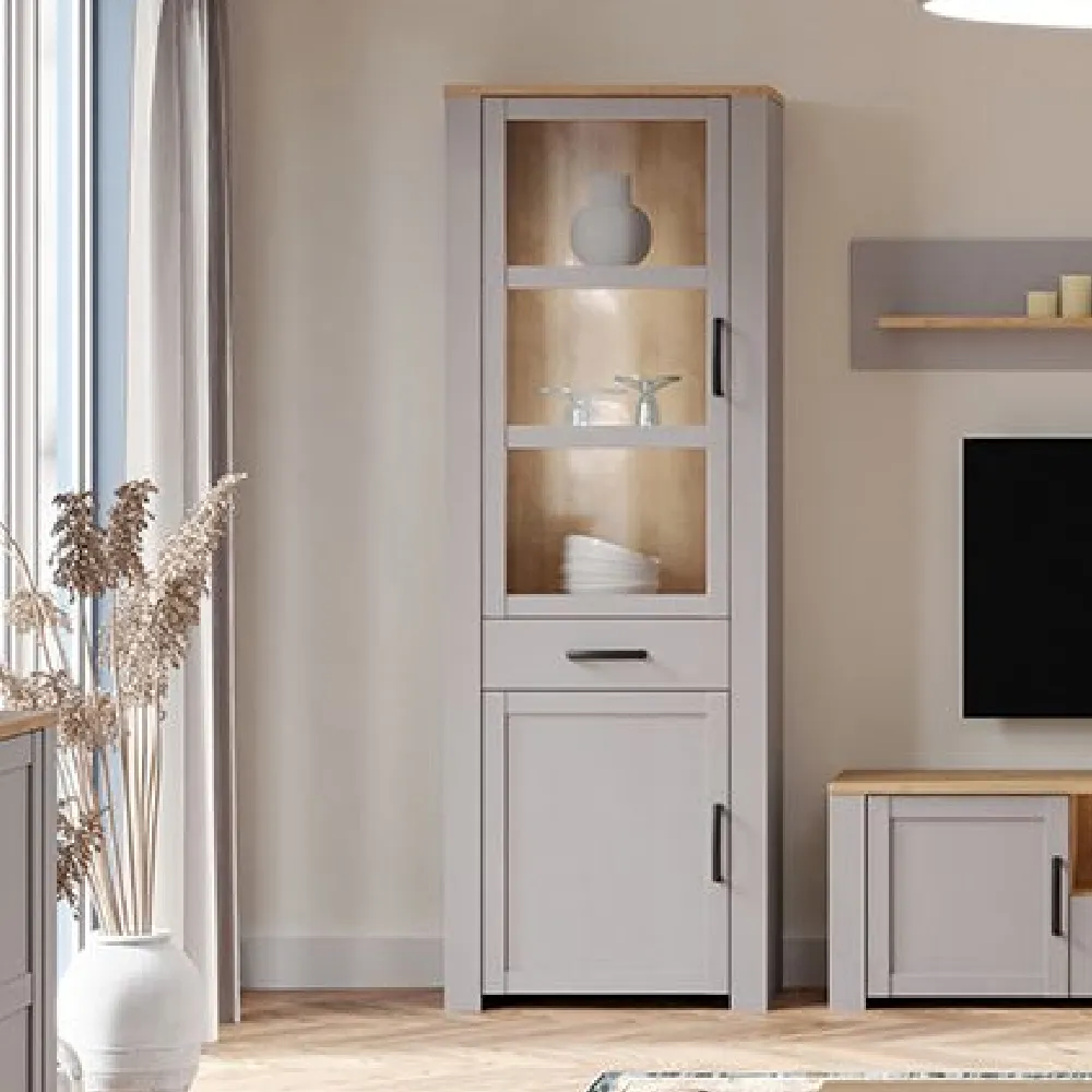 Bemidji LED Display Cabinet with 1 Drawer - Grey, Oak product