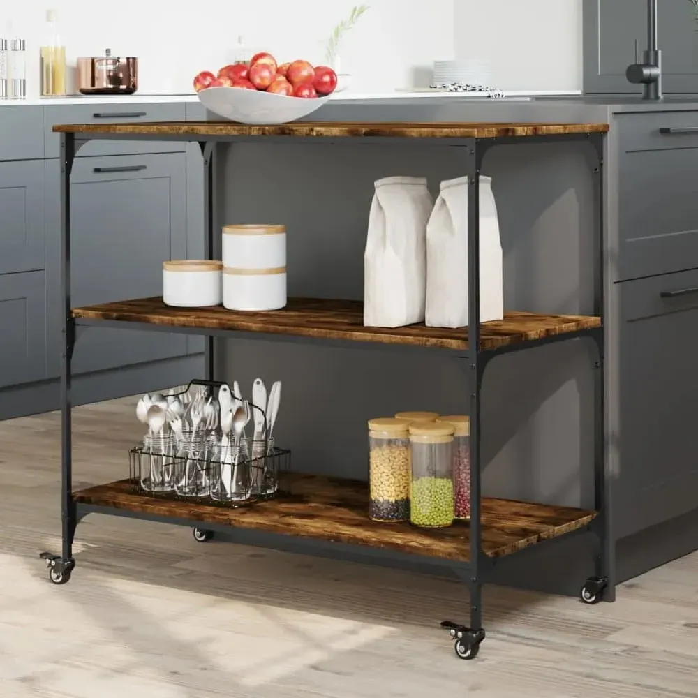 Bernalillo Kitchen Trolley with 3 Shelves - Smoked Oak, Wood