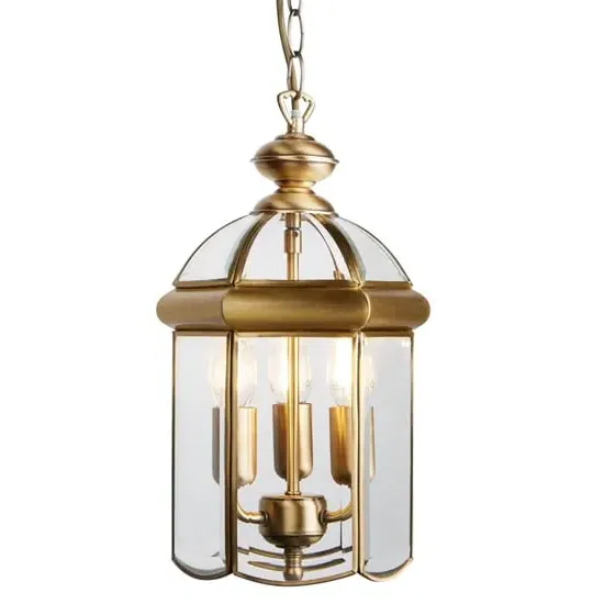 Bevelled 3 Light Glass Lantern Pendant - Antique Brass