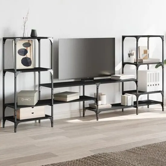 Beverley TV Stand with 8 Shelves - Black, Engineered Wood