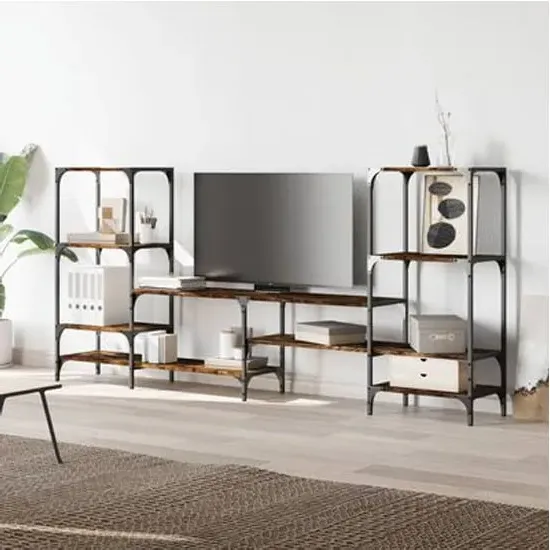 Beverley TV Stand with 8 Shelves - Smoked Oak, Engineered Wood