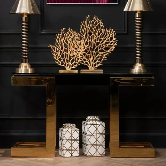 Bibha Console Table with Glass Panel - Black, Gold Frame