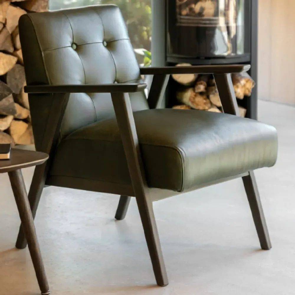 Biloxi Leather Armchair with Wooden Frame - Green