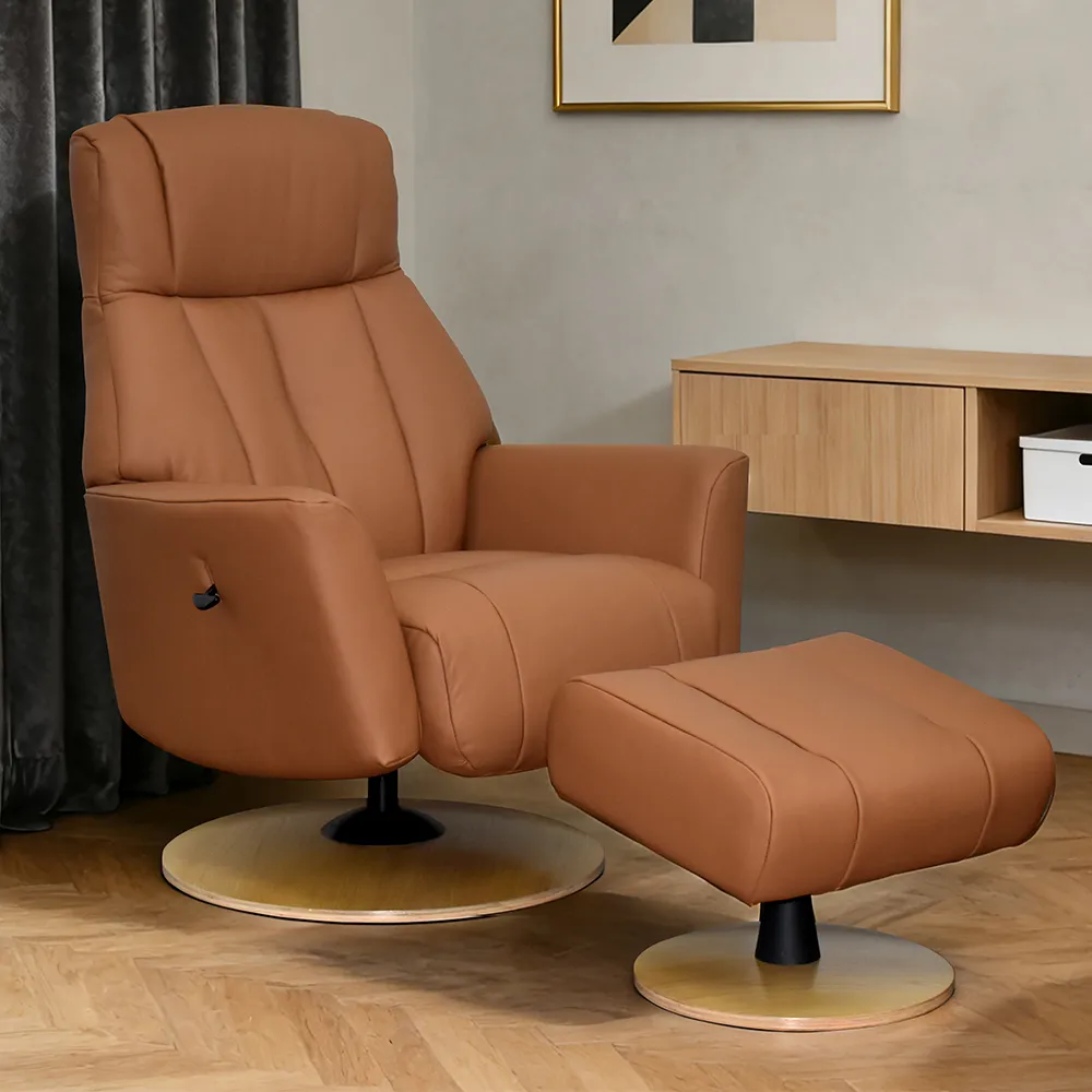 Bionel Swivel Recliner Chair with Footstool - Camel, Leather product