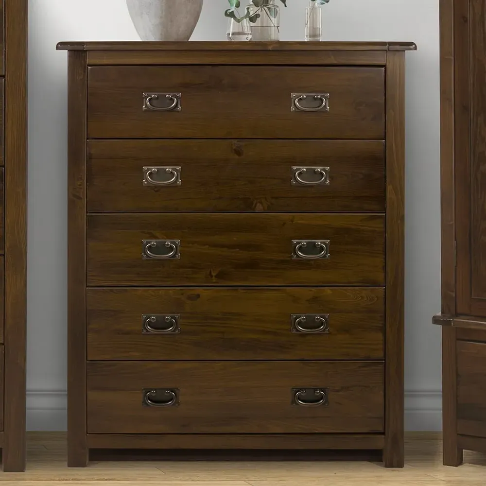 Birtley Wide Chest of 5 Drawers - Rustic Oak