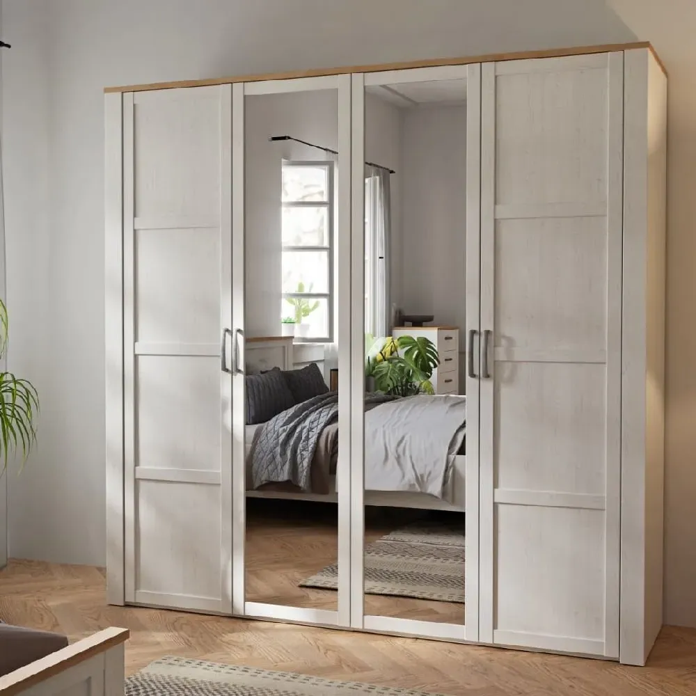 Bogota 4-Door Mirrored Wardrobe - Riviera Oak White