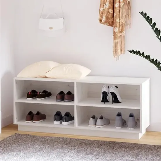 Boris Pinewood Shoe Storage Bench with Shelves - White image