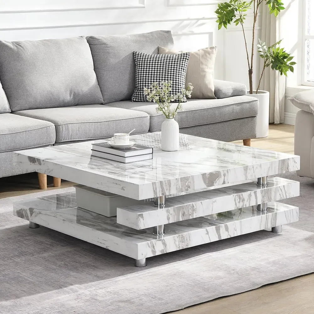 Borneo Square Coffee Table - Filo Marble Effect, High Gloss