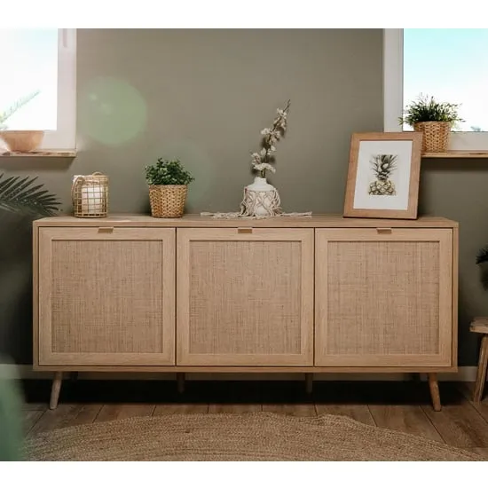 Borox 3-Door Sideboard with Raffia Decor - Sonoma Oak image