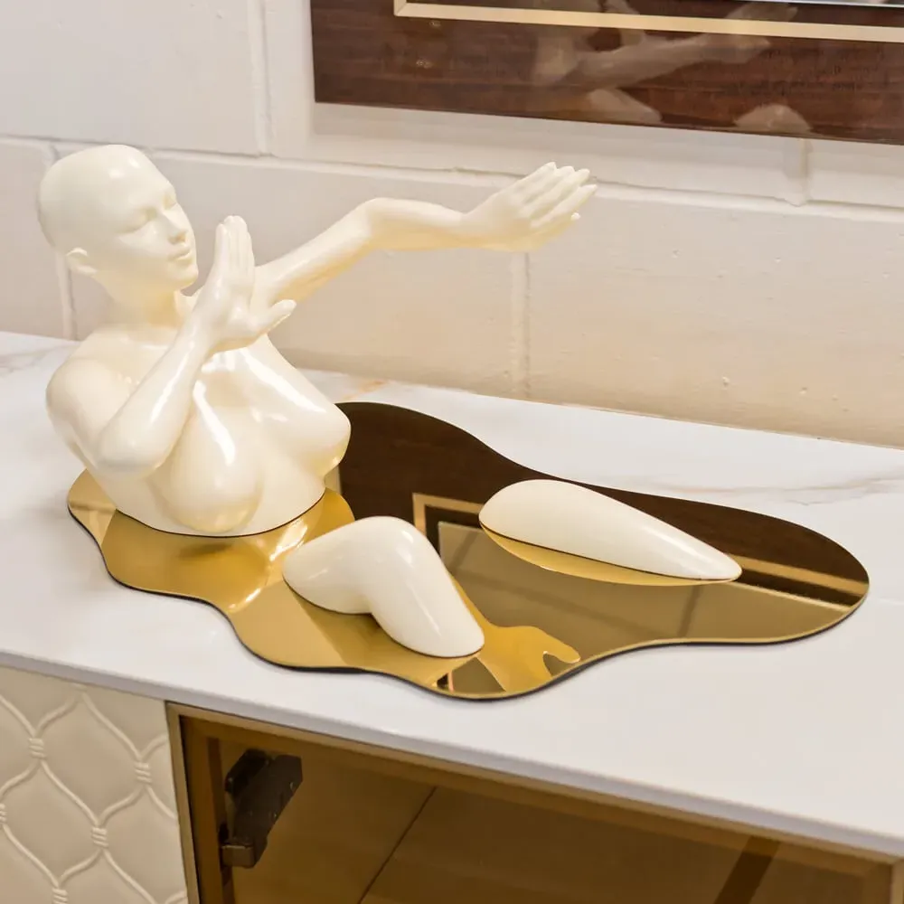 Boston Bathing Lady Sculpture with Gold Base - Cream, Resin