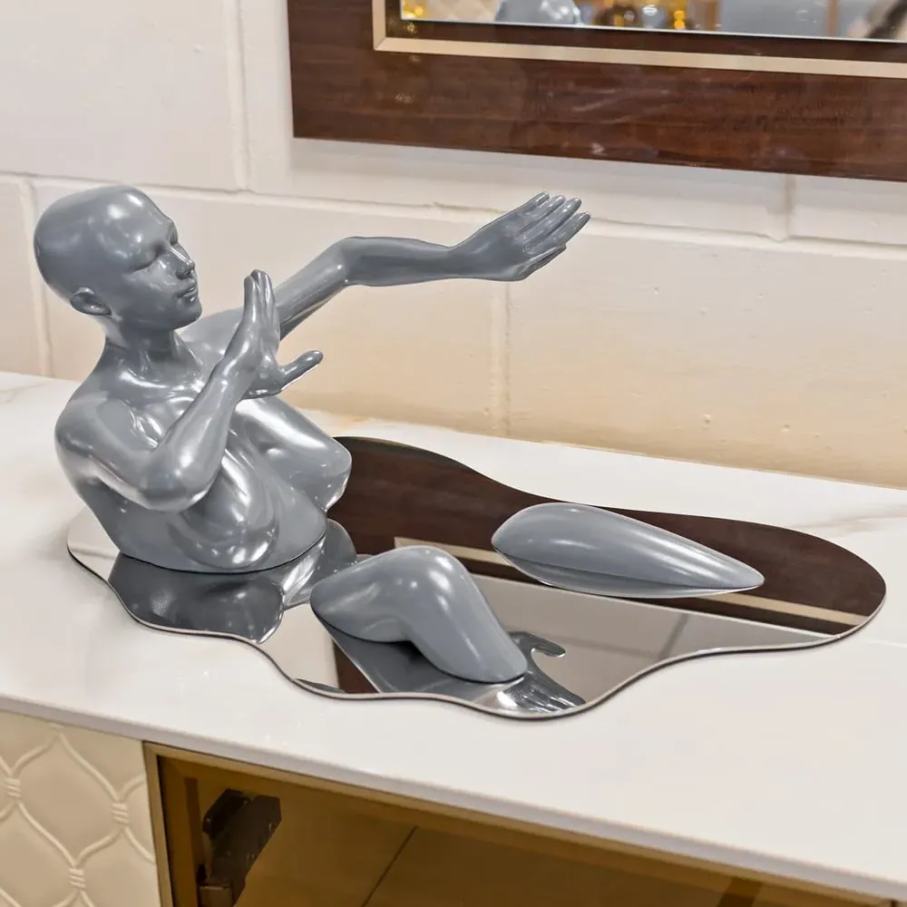 Boston Bathing Lady Sculpture with Silver Base - Grey, Resin