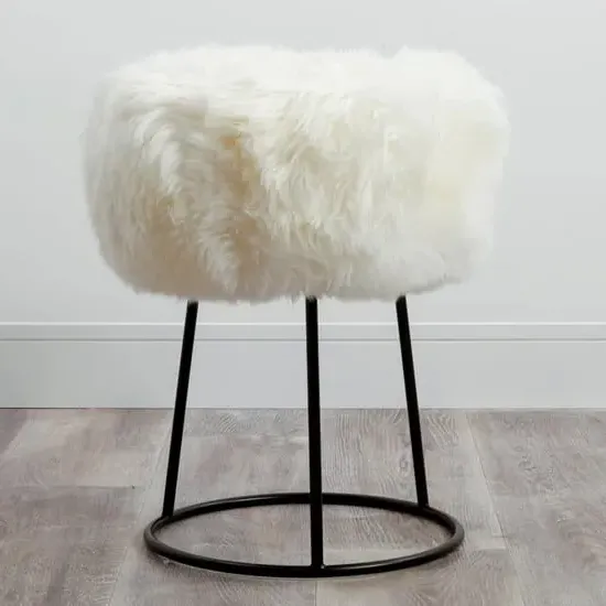 Bovril Sheepskin Stool with Black Metal Legs - White product