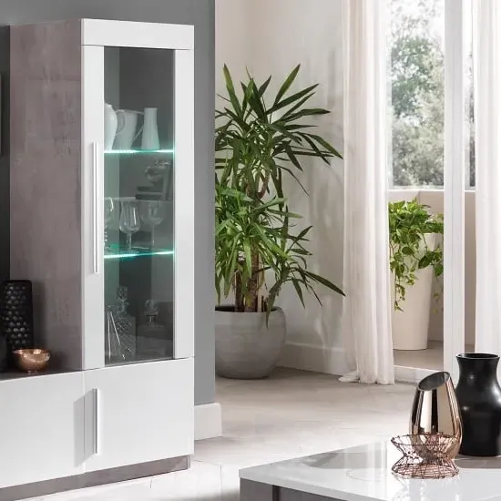 Breta 1 Door Display Cabinet with LED - White, Grey Marble image