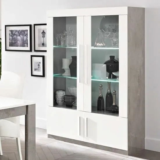 Breta 2 Door Display Cabinet with LED - White, Grey Marble