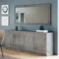 Breta 4-Door Sideboard with Mirror - Grey, High Gloss