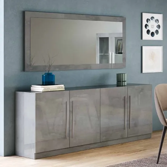 Breta 4-Door Sideboard with Mirror - Grey, High Gloss