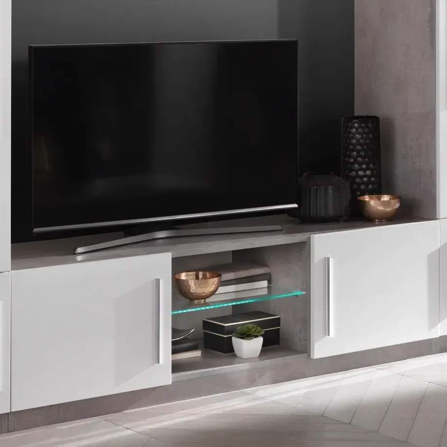 Breta TV Stand with 2 Doors and LED - White, High Gloss