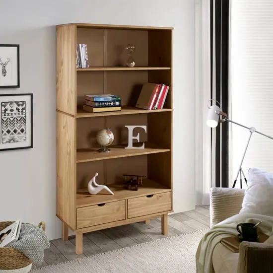 Bridie Pinewood Bookcase with 2 Drawers - Brown