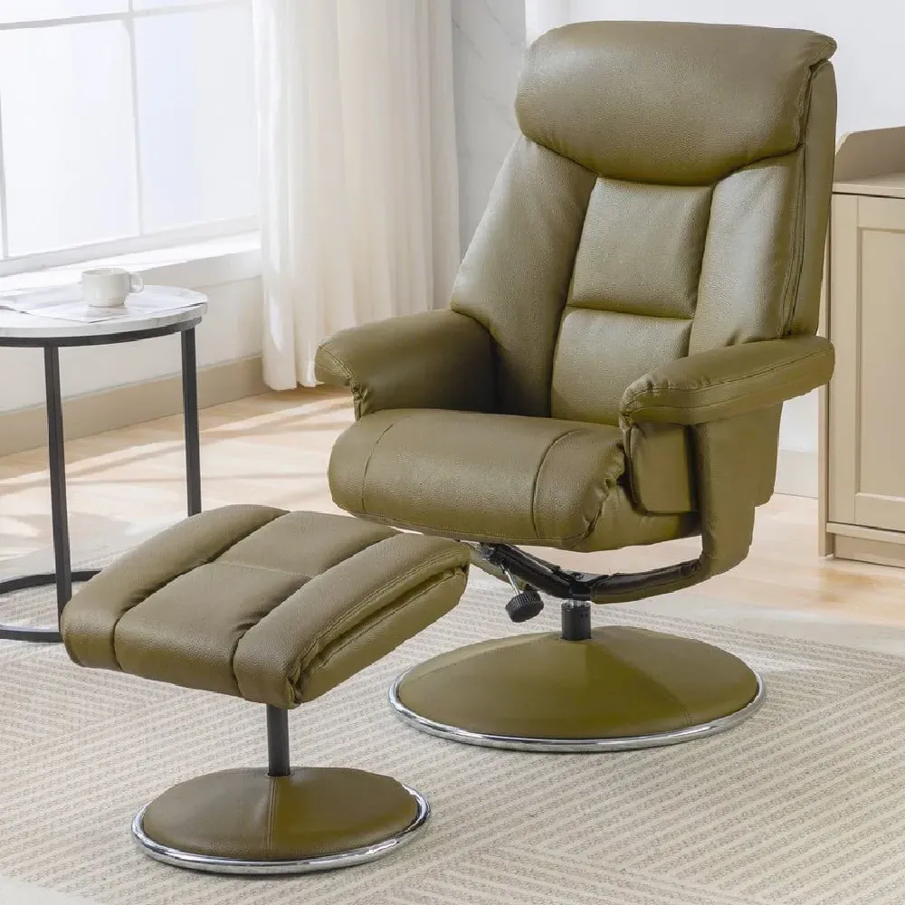 Brixton Recliner Chair with Stool - Olive Green, Faux Leather