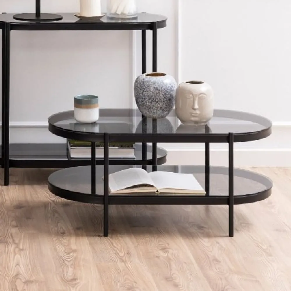 Bryan Oval Coffee Table - Black, Smoked Glass