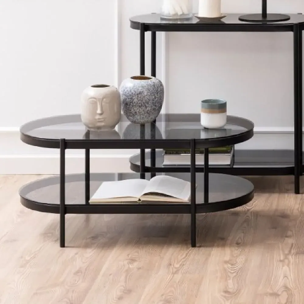 Bryan Oval Coffee Table with Glass Shelf - Black, Smoked Glass product
