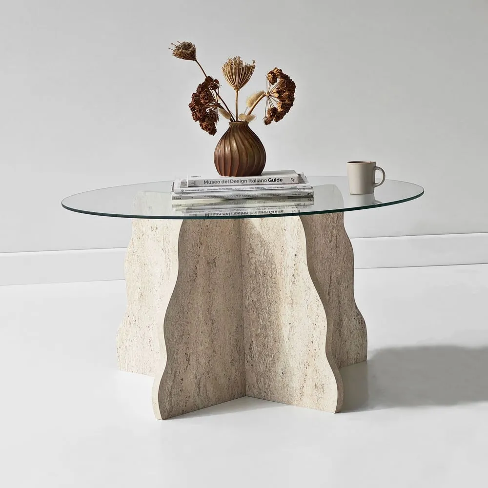 Butterfly Round Coffee Table - Travertine Marble Effect, Glass product