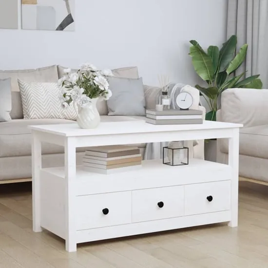 Cadell Coffee Table with 3 Drawers - White, Pine Wood