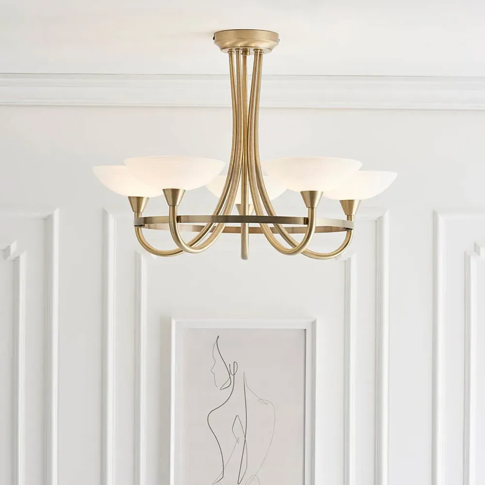 Cagney 5 Light Flush Light - White, Antique Brass