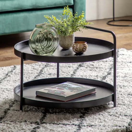 Cahokia Round Coffee Table with Lower Shelf - Black, Iron product
