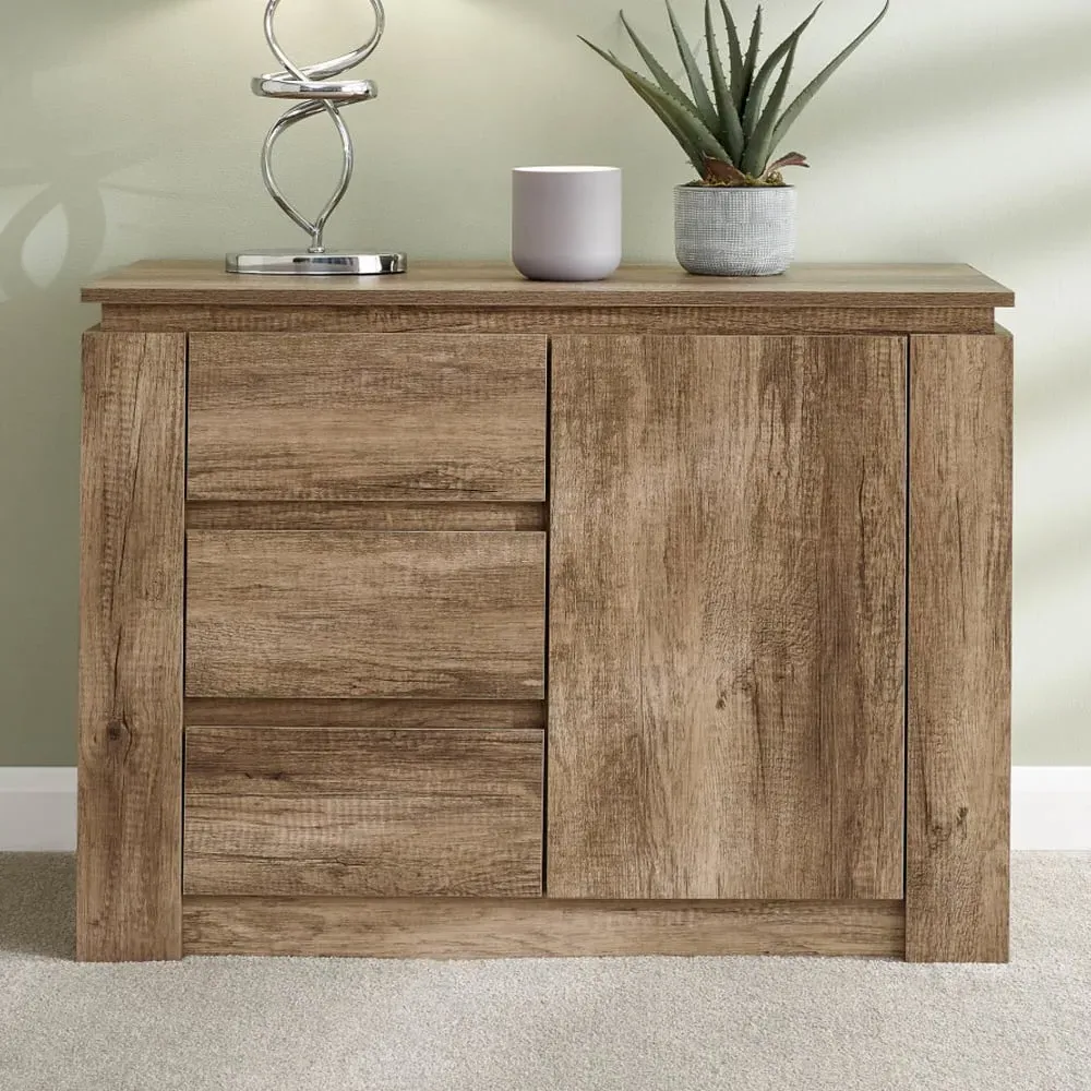 Caister Wooden Sideboard with 1 Door 3 Drawers - Grey, Oak image