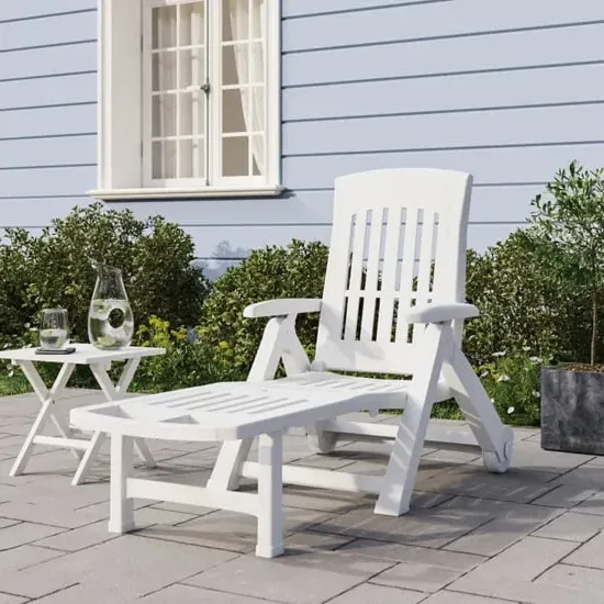 Cait Folding Sun Lounger with Wheels - White, Polypropylene