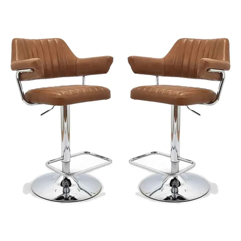 Calais Bar Stools Pair Swivel Height-Adjustable - Tan, Faux Leather product