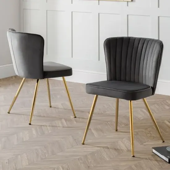 Caledon Dining Chair with Gold Metal Legs, Pair - Grey Velvet product