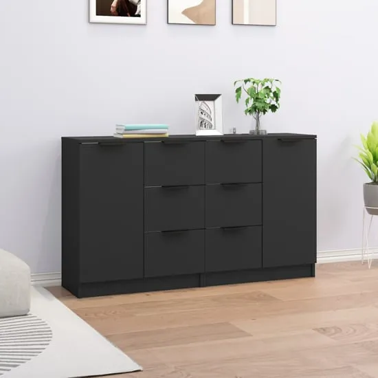 Calix Sideboard with 2 Doors 6 Drawers - Black, Engineered Wood