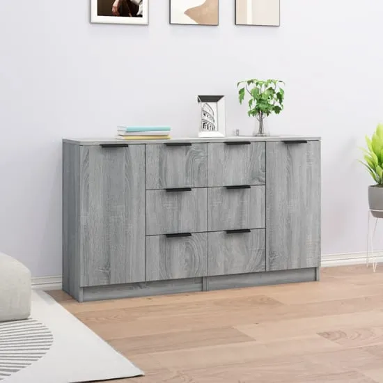 Calix Sideboard with 2 Doors 6 Drawers - Grey, Engineered Wood