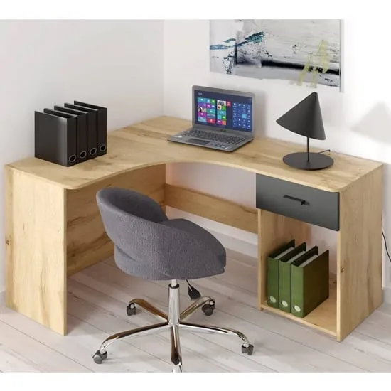 Calvi Corner Computer Desk with Drawer - Wotan Oak