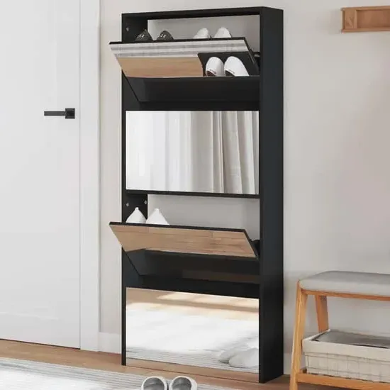 Calvi Shoe Storage Cabinet with 4 Mirror Layers - Black
