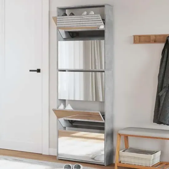 Calvi Shoe Storage Cabinet with Mirror - Concrete Effect
