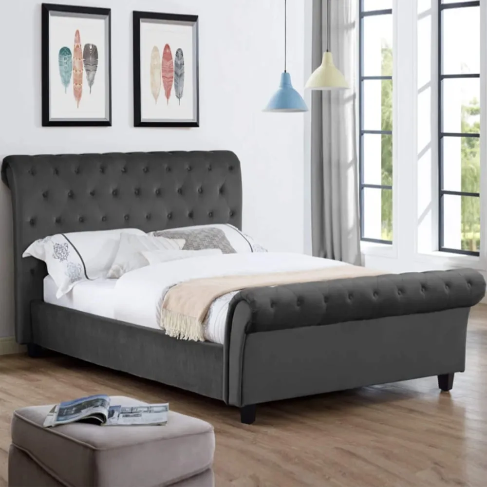 Calvine Double Bed Frame - Smoke, Velvet