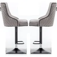 Camarillo Bar Stools with Black Base, Pair - Light Grey, Velvet alternate view