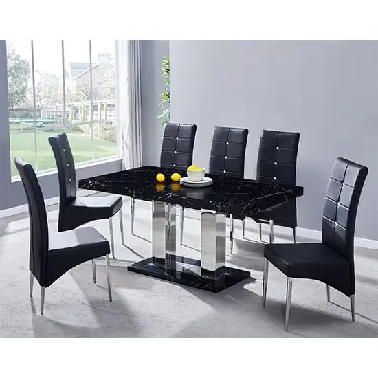 Candice Dining Set with 6 Vesta Chairs - Milano Marble, Black